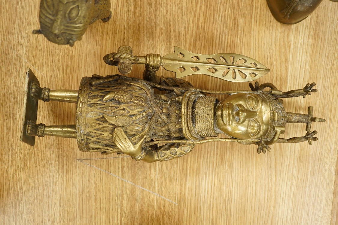 Three Benin type bronzes to include a bust, largest 47cm high